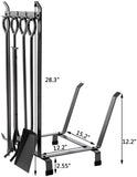 Fireplace Log Rack Solid Steel Wood Holder with 4 Tools Set -Brush, Shovel, Poker &Tongs Heavy Duty