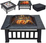32in Outdoor Metal Firepit Square Table Backyard Patio Garden Stove Wood Burning Fire Pit