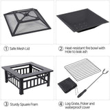 32in Outdoor Metal Firepit Square Table Backyard Patio Garden Stove Wood Burning Fire Pit