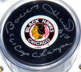Bobby Hull Signed Chicago Blackhawks NHL Puck and Stanley Cup Inscription & Display Case & Card - PSA DNA COA Authenticated