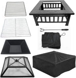 Outdoor 32’’ Metal Fire Pit BBQ Square Table Backyard Patio Garden Stove Wood Burning Fireplace