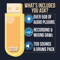 Music Editing Software for Recording Production Mixing & Beat Making Bundle - DAW, Audio Plugins, 7Gb Sound Pack on 32Gb USB (Windows PC & Mac)