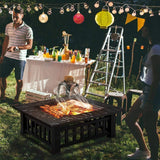 32in Outdoor Metal Firepit Square Table Backyard Patio Garden Stove Wood Burning Fire Pit