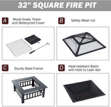Outsunny 32" Steel Square Outdoor Patio Wood Burning Fire Pit Table Top Set