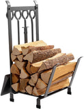 Fireplace Log Rack Solid Steel Wood Holder with 4 Tools Set -Brush, Shovel, Poker &Tongs Heavy Duty