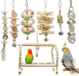7 Packs Bird Parrot Swing Chewing Toys- Natural Wood Hanging Bell Bird Cage Toys