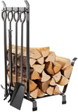 Fireplace Log Rack Solid Steel Wood Holder with 4 Tools Set -Brush, Shovel, Poker &Tongs Heavy Duty