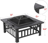 32in Outdoor Metal Firepit Square Table Backyard Patio Garden Stove Wood Burning Fire Pit