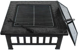 Outdoor 32’’ Metal Fire Pit BBQ Square Table Backyard Patio Garden Stove Wood Burning Fireplace