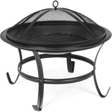 22in Steel Outdoor BBQ Grill Fire Pit Bowl w/Screen Cover, Log Grate, Poker for Camping, Bonfire