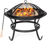 22in Steel Outdoor BBQ Grill Fire Pit Bowl w/Screen Cover, Log Grate, Poker for Camping, Bonfire