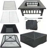 32" Outdoor Fire Pit Square Metal Stove Wood Burning BBQ Fire Pit W/Rain Cover