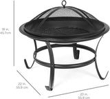 22in Steel Outdoor BBQ Grill Fire Pit Bowl w/Screen Cover, Log Grate, Poker for Camping, Bonfire