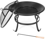 22in Steel Outdoor BBQ Grill Fire Pit Bowl w/Screen Cover, Log Grate, Poker for Camping, Bonfire